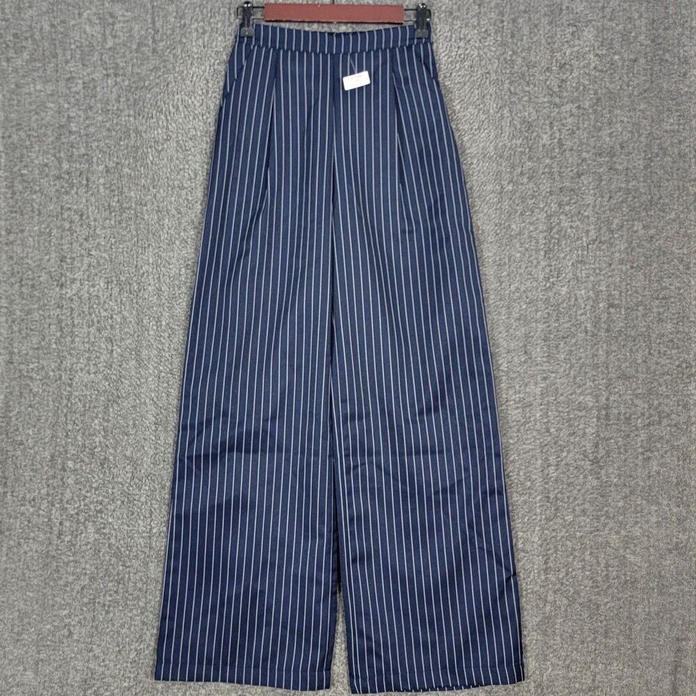 Good Luck Gem Pants Womens Small Navy Blue Striped Wide Leg Elastic Waist GLG